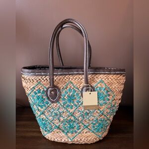 Woven Straw Tote with Teal Embroidered Accents